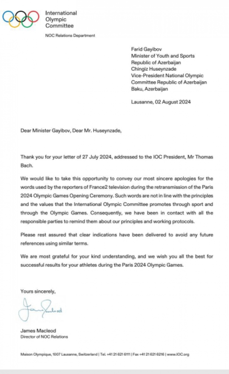 Beynəlxalq Olimpiya Komitəsi Azərbaycandan üzr istəyib