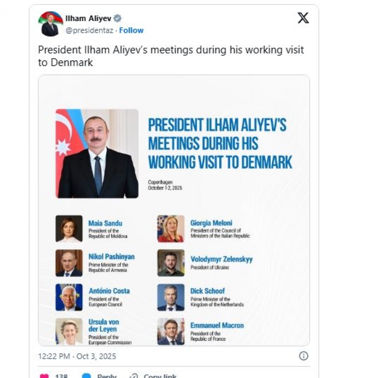 Prezident Danimarka səfəri ilə bağlı paylaşım edib