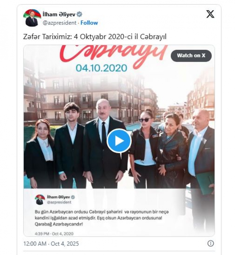 Prezident Cəbrayılın işğaldan azad edilməsi ilə bağlı paylaşım edib